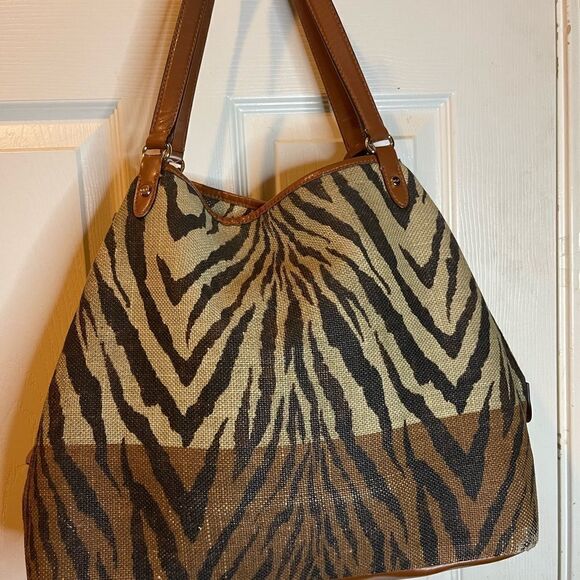 Lauren Ralph Lauren Brown & khaki burlap zebra prints  shoulder bag . - Picture 3 of 16
